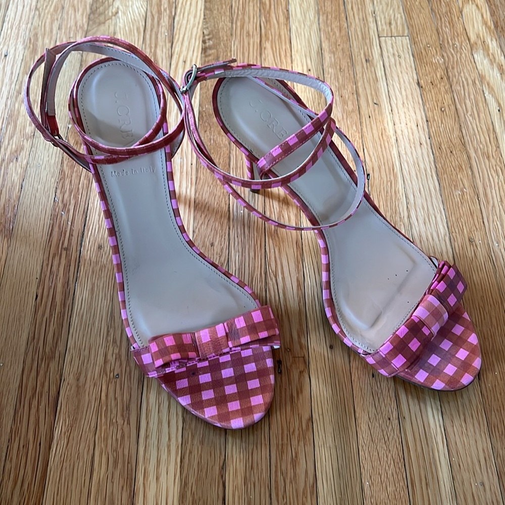 J.Crew Pink Gingham Print Leather Strappy High Heel Sandals with Bow, Size 8.5 - Picture 6 of 10